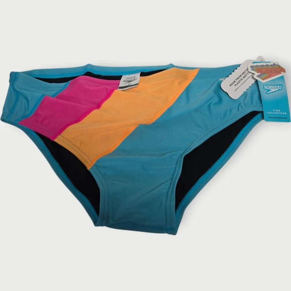NEW Speedo Swim Brief Size 38 Pink Glo Color Block NWT Tags Blue Orange
